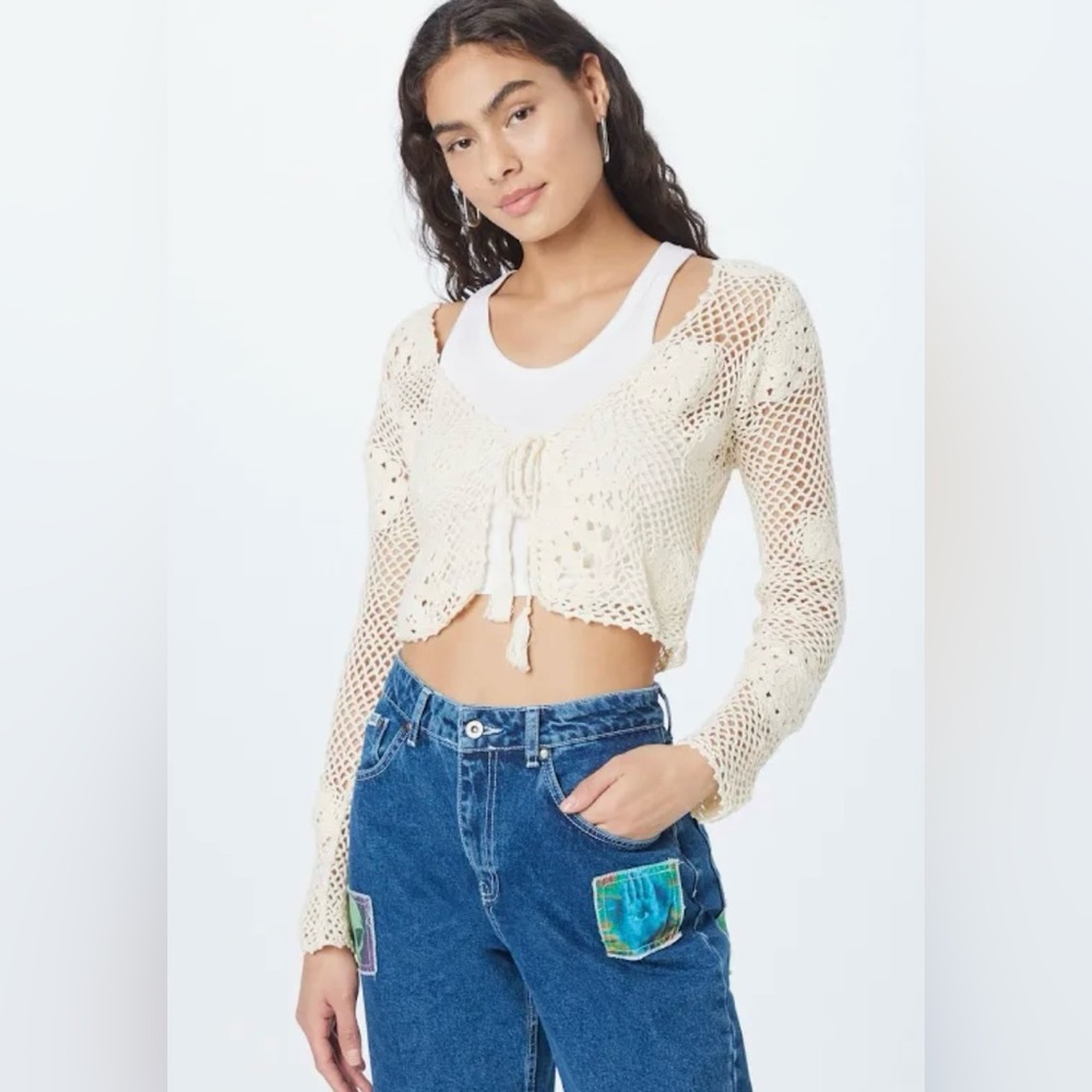 New Urban Oufitters Tie Front Crochet Crop Cardigan Size S